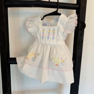 Mine Alone White Baby‎ Dress Easter Chick Embroidery Ruffle Pink Scallop 3-6M
